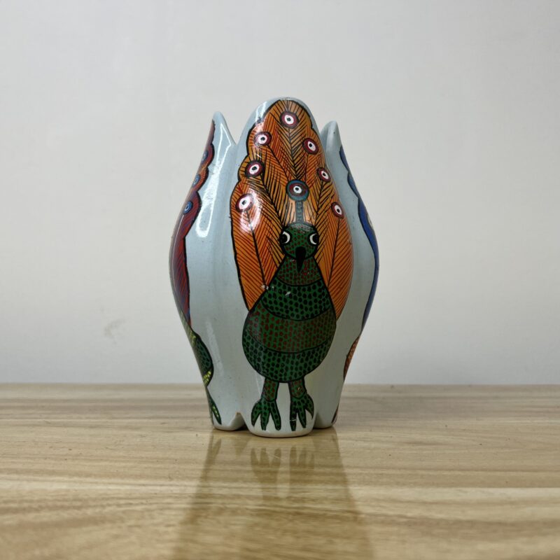Hand-Painted Gond Art Sculptural Vase - Dancing Peacock Motif