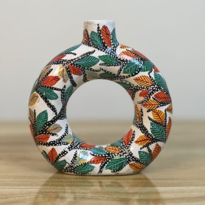 Hand-Painted Gond Art Circular Donut Vase - Autumn Leaf Motif