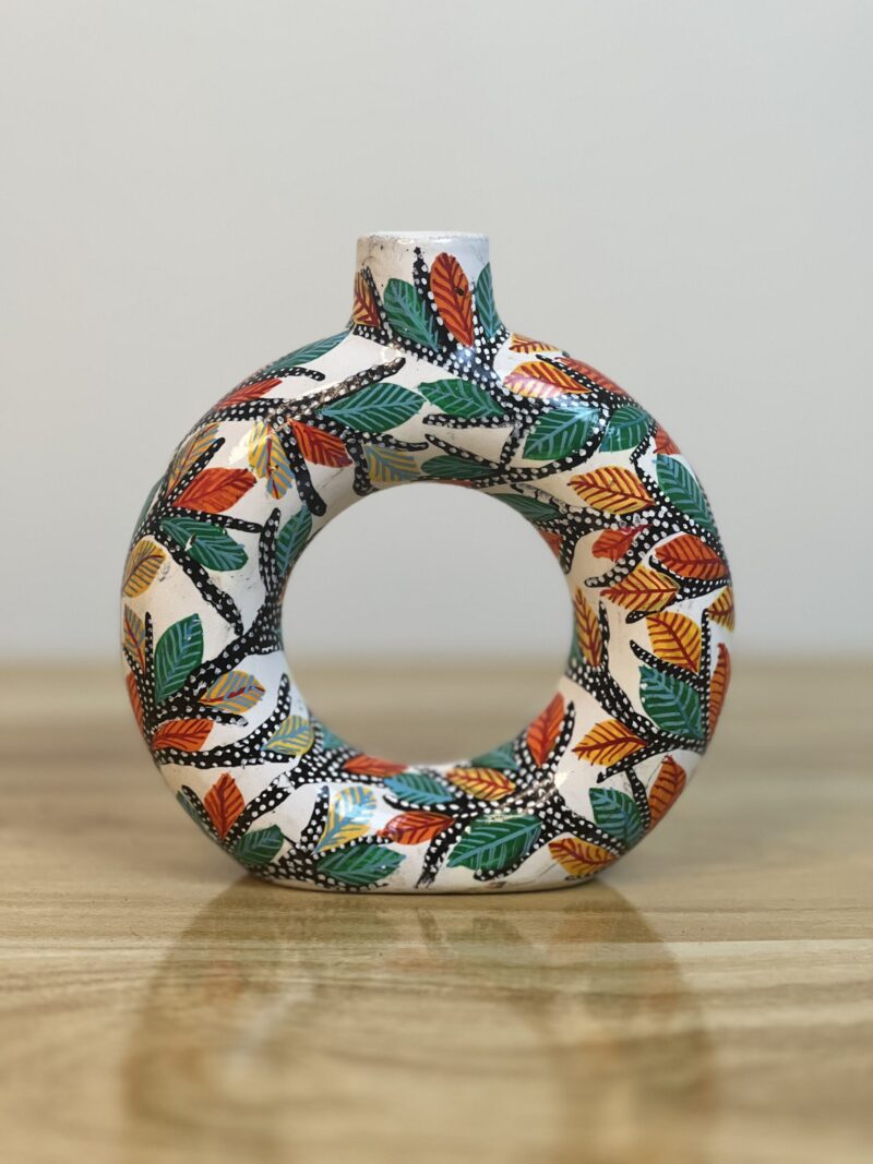 Hand-Painted Gond Art Circular Donut Vase - Autumn Leaf Motif