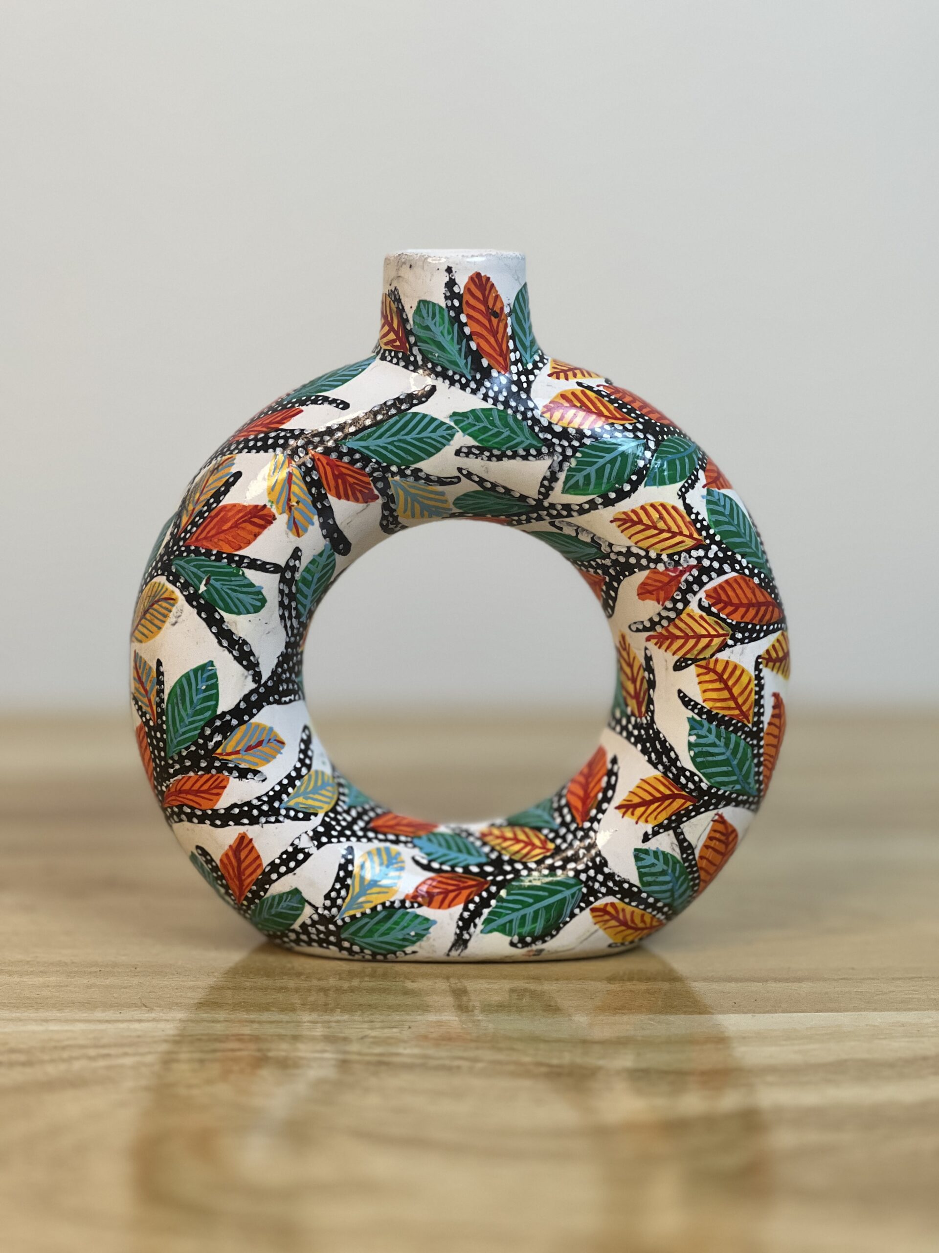 Hand-Painted Gond Art Circular Donut Vase - Autumn Leaf Motif