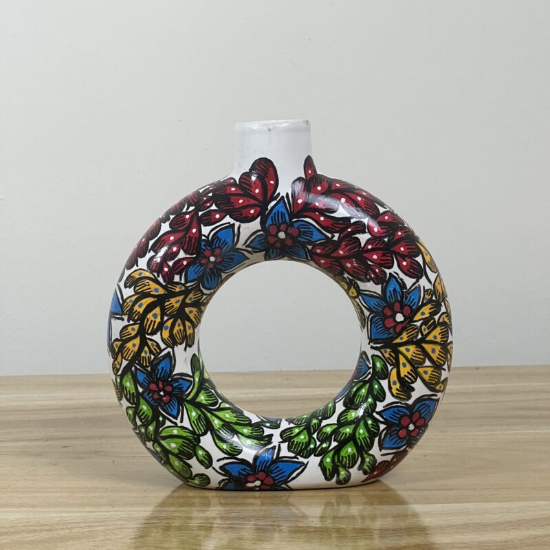 Hand-Painted Gond Art Circular Donut Vase - Vibrant Floral Tapestry