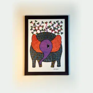 Kuchikala  Acrylic Gond Art Painting Elephant and Tree l 18 inch x 14 inch (With Frame)