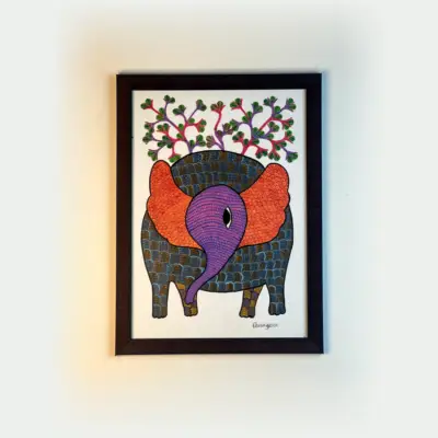Kuchikala  Acrylic Gond Art Painting Elephant and Tree l 18 inch x 14 inch (With Frame)