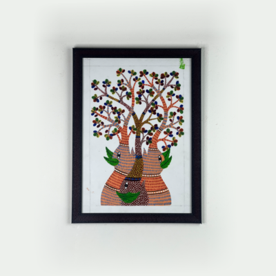 Kuchikala Gond Art Painting Elephants with Tree Acrylic 18 inch x 14 inch Painting (With Frame)