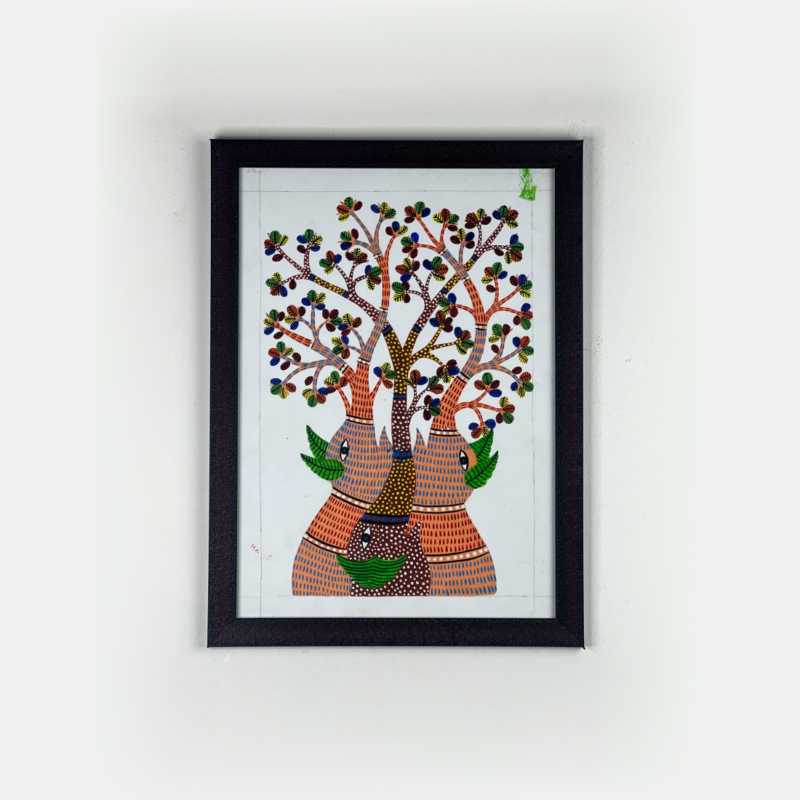 Kuchikala Gond Art Painting Elephants with Tree Acrylic 18 inch x 14 inch Painting (With Frame)