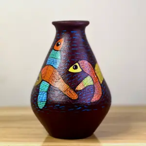 Kuchikala Handcrafted Gond Art Terracotta Decorative Vase l 10 Inch l Brown base