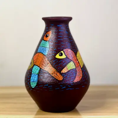 Kuchikala Handcrafted Gond Art Terracotta Decorative Vase l 10 Inch l Brown base